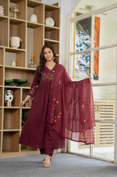Wine Elegance Embroidered Cotton Anarkali Set